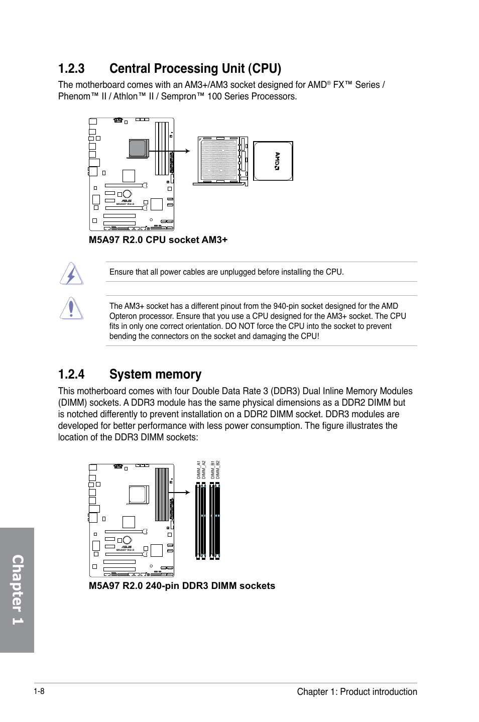 3 central processing unit (cpu), 4 system memory, Central processing unit (cpu) -8 | System memory -8, Chapter 1 | Asus M5A97 R2.0 User Manual | Page 22 / 152