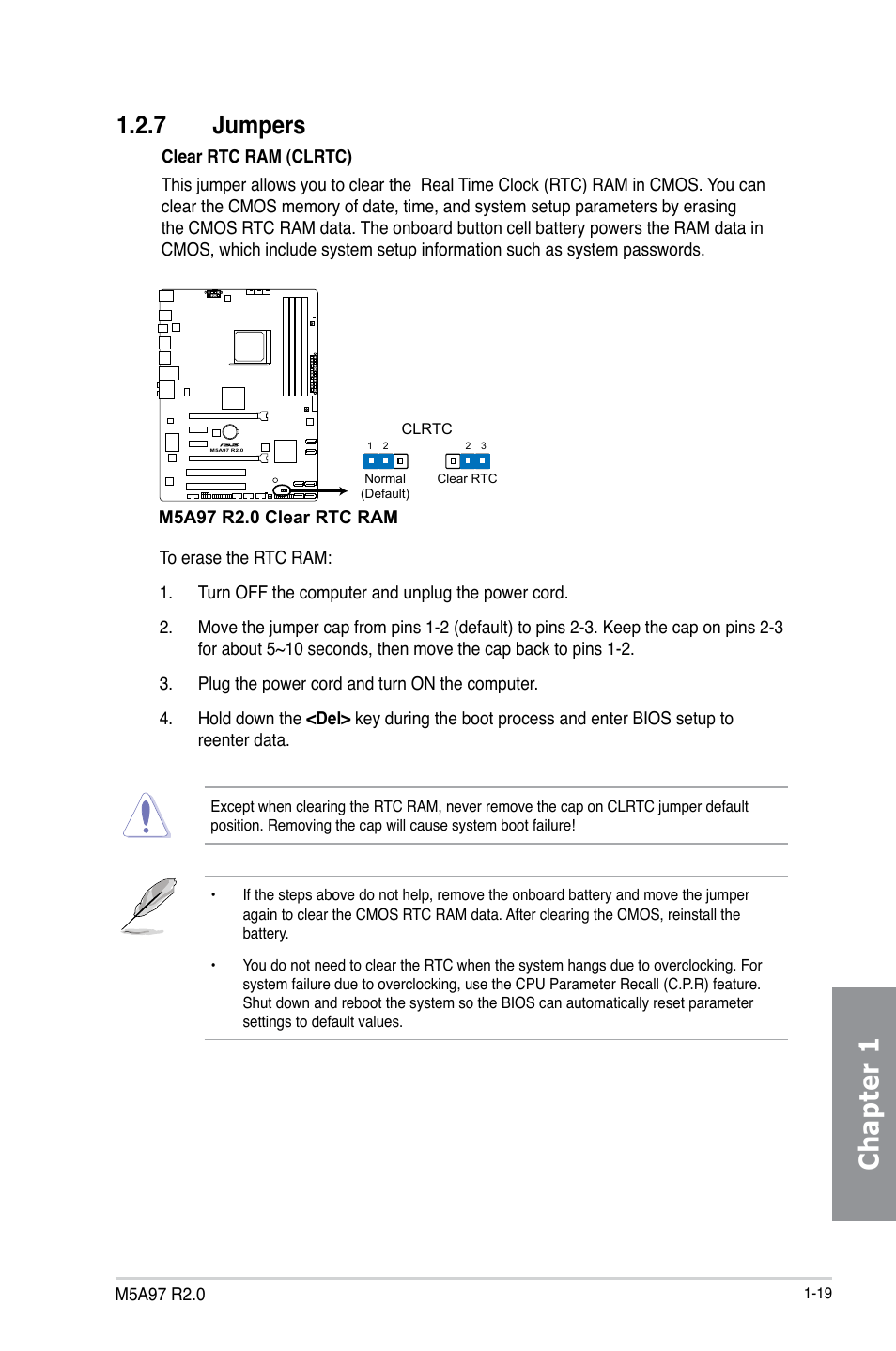 7 jumpers, Jumpers -19, Chapter 1 | Asus M5A97 R2.0 User Manual | Page 33 / 152