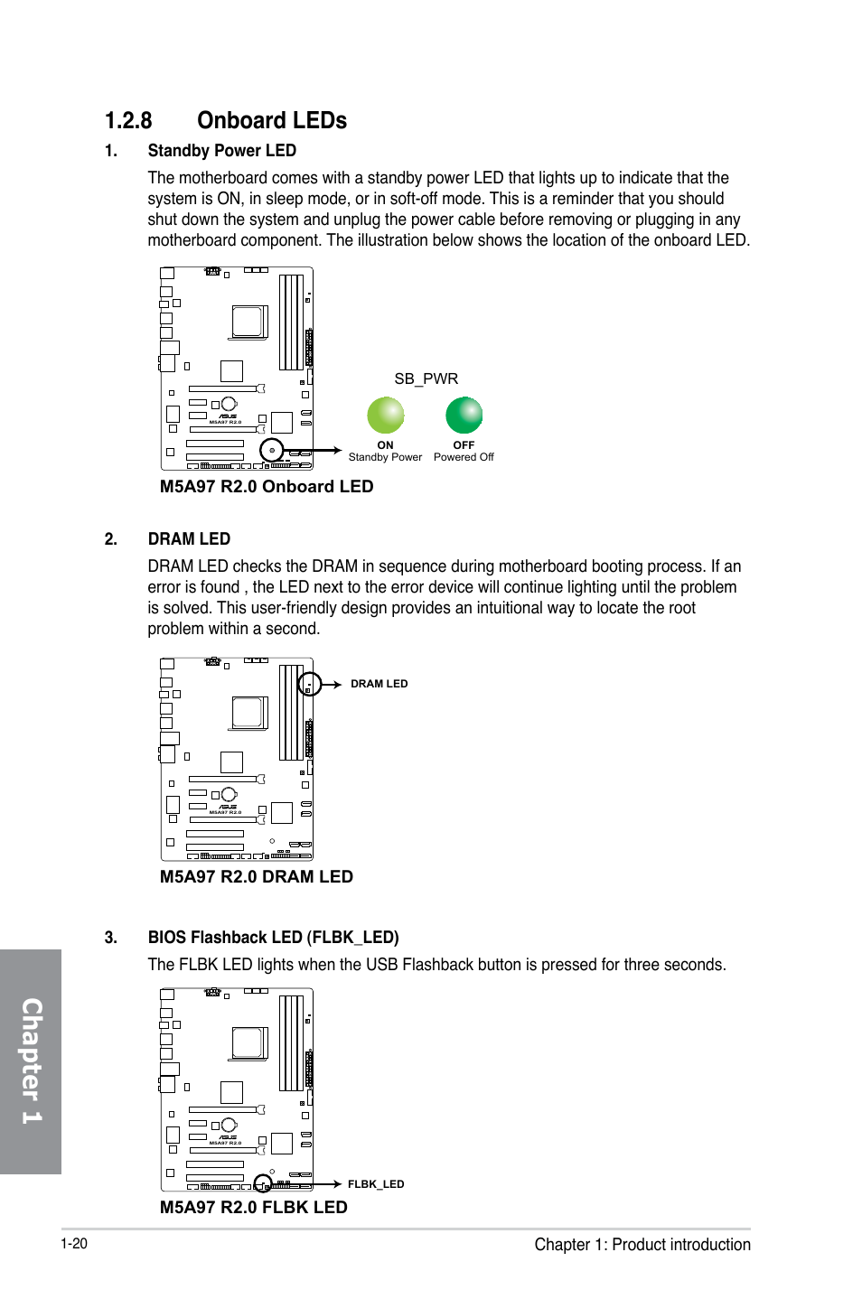 8 onboard leds, Onboard leds -20, Chapter 1 | Asus M5A97 R2.0 User Manual | Page 34 / 152