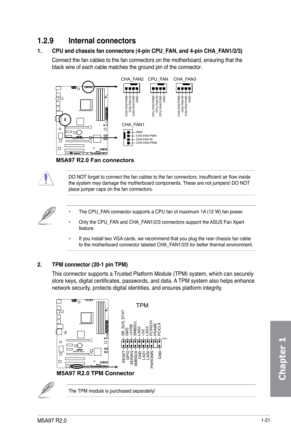 9 internal connectors, Internal connectors -21, Chapter 1 | Asus M5A97 R2.0 User Manual | Page 35 / 152