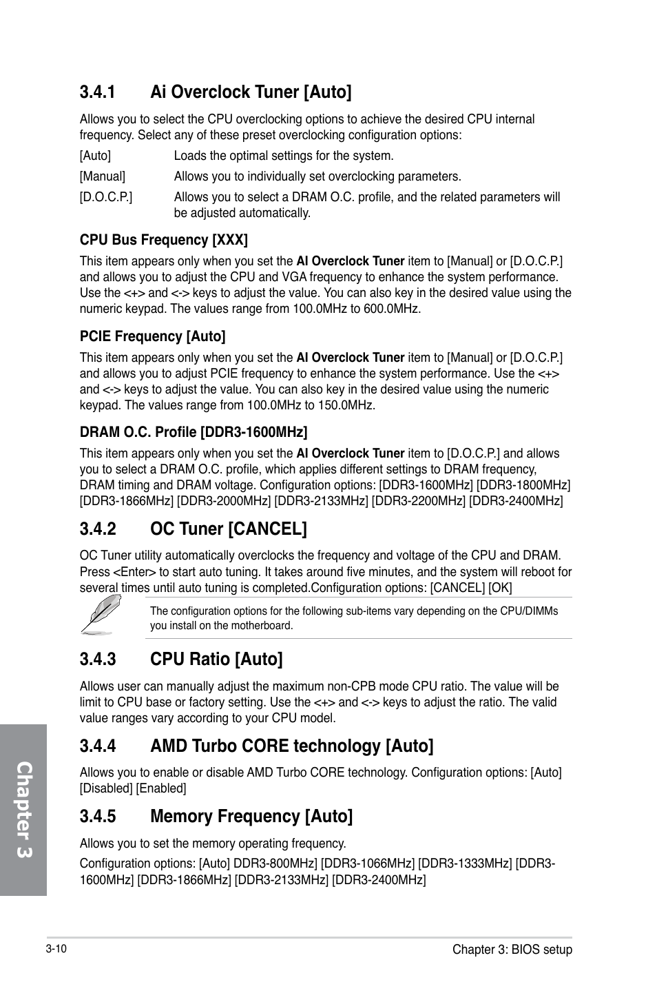 Chapter 3, 1 ai overclock tuner [auto, 2 oc tuner [cancel | 3 cpu ratio [auto, 4 amd turbo core technology [auto | Asus M5A97 R2.0 User Manual | Page 70 / 152