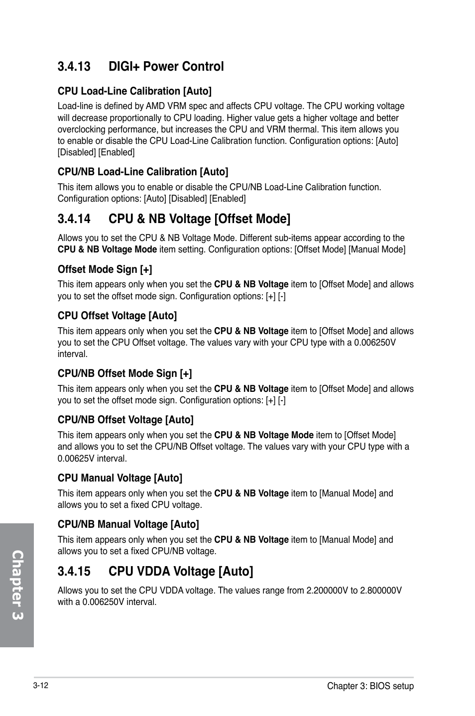 Chapter 3, 13 digi+ power control, 14 cpu & nb voltage [offset mode | 15 cpu vdda voltage [auto | Asus M5A97 R2.0 User Manual | Page 72 / 152