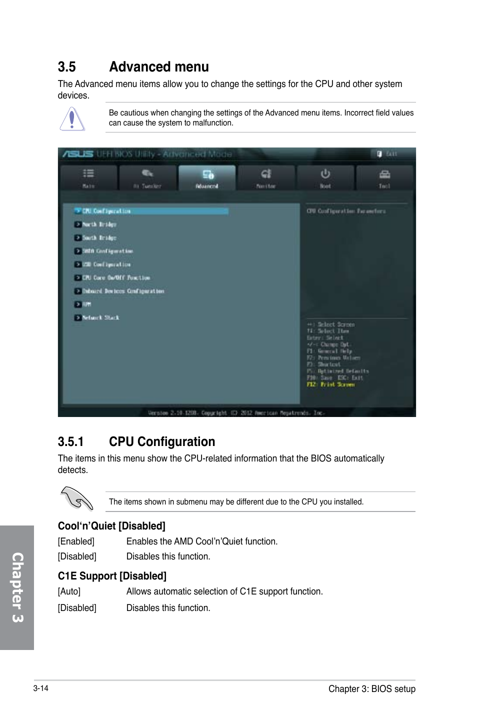 5 advanced menu, 1 cpu configuration, Advanced menu -14 3.5.1 | Cpu configuration -14, Chapter 3 | Asus M5A97 R2.0 User Manual | Page 74 / 152