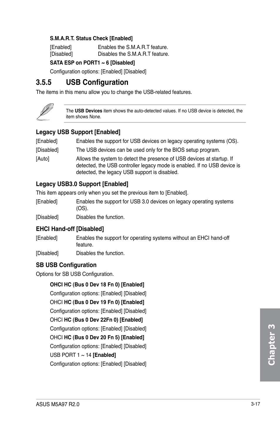 5 usb configuration, Usb configuration -17, Chapter 3 | Asus M5A97 R2.0 User Manual | Page 77 / 152