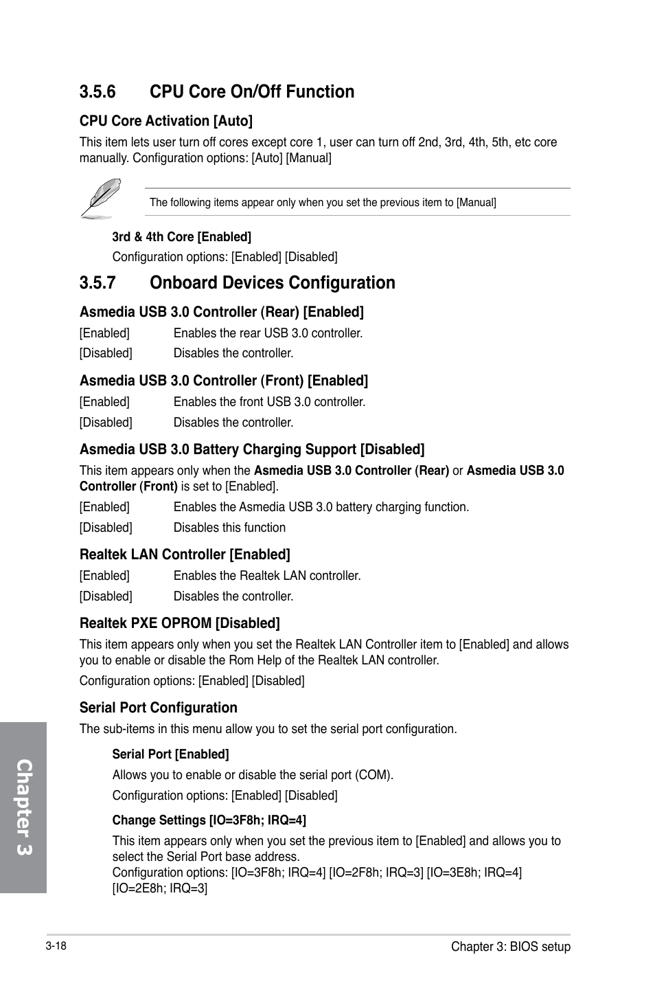 6 cpu core on/off function, 7 onboard devices configuration, Cpu core on/off function -18 | Onboard devices configuration -18, Chapter 3 | Asus M5A97 R2.0 User Manual | Page 78 / 152