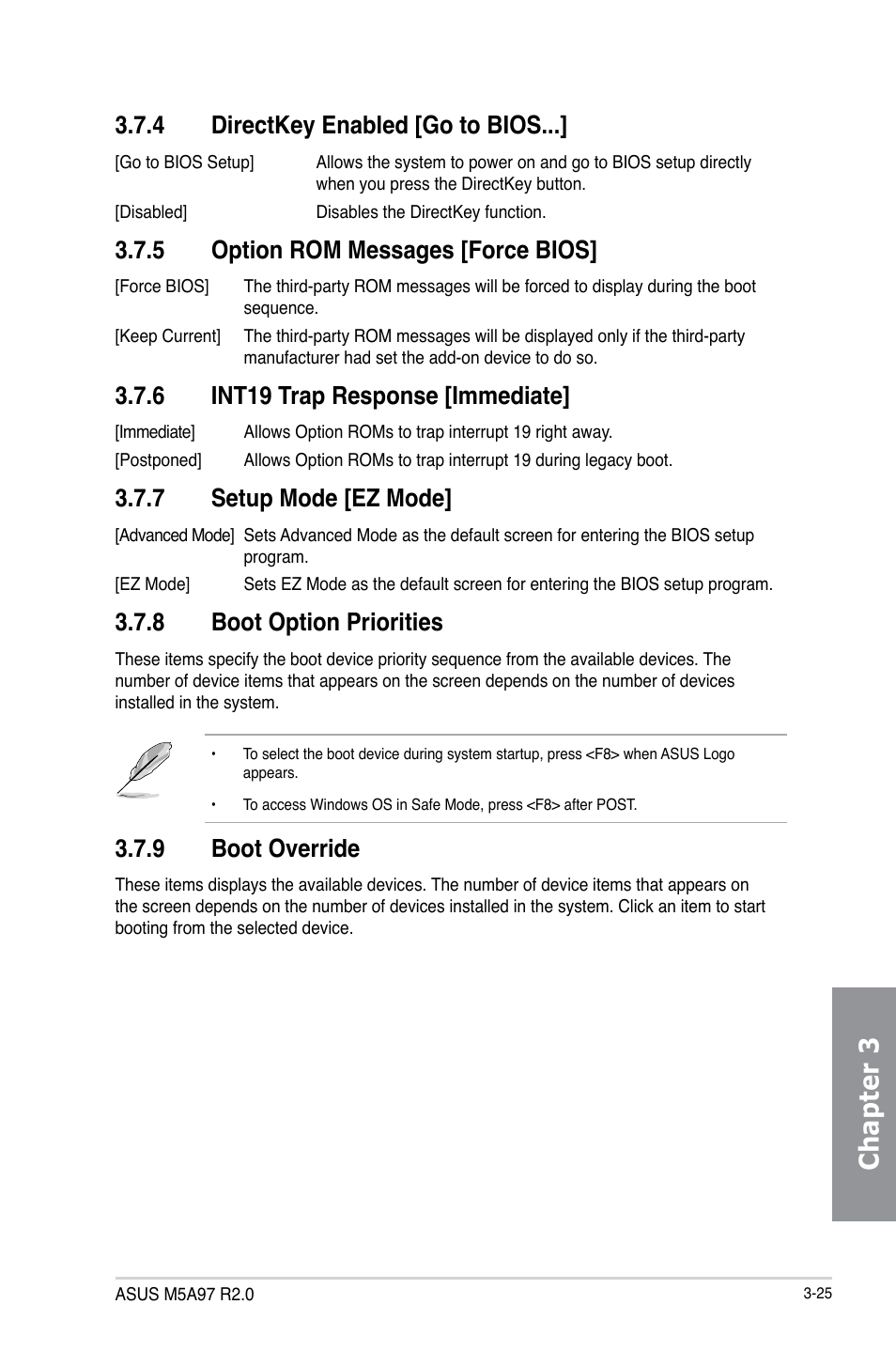 Chapter 3, 4 directkey enabled [go to bios, 5 option rom messages [force bios | 6 int19 trap response [immediate, 7 setup mode [ez mode, 8 boot option priorities, 9 boot override | Asus M5A97 R2.0 User Manual | Page 85 / 152