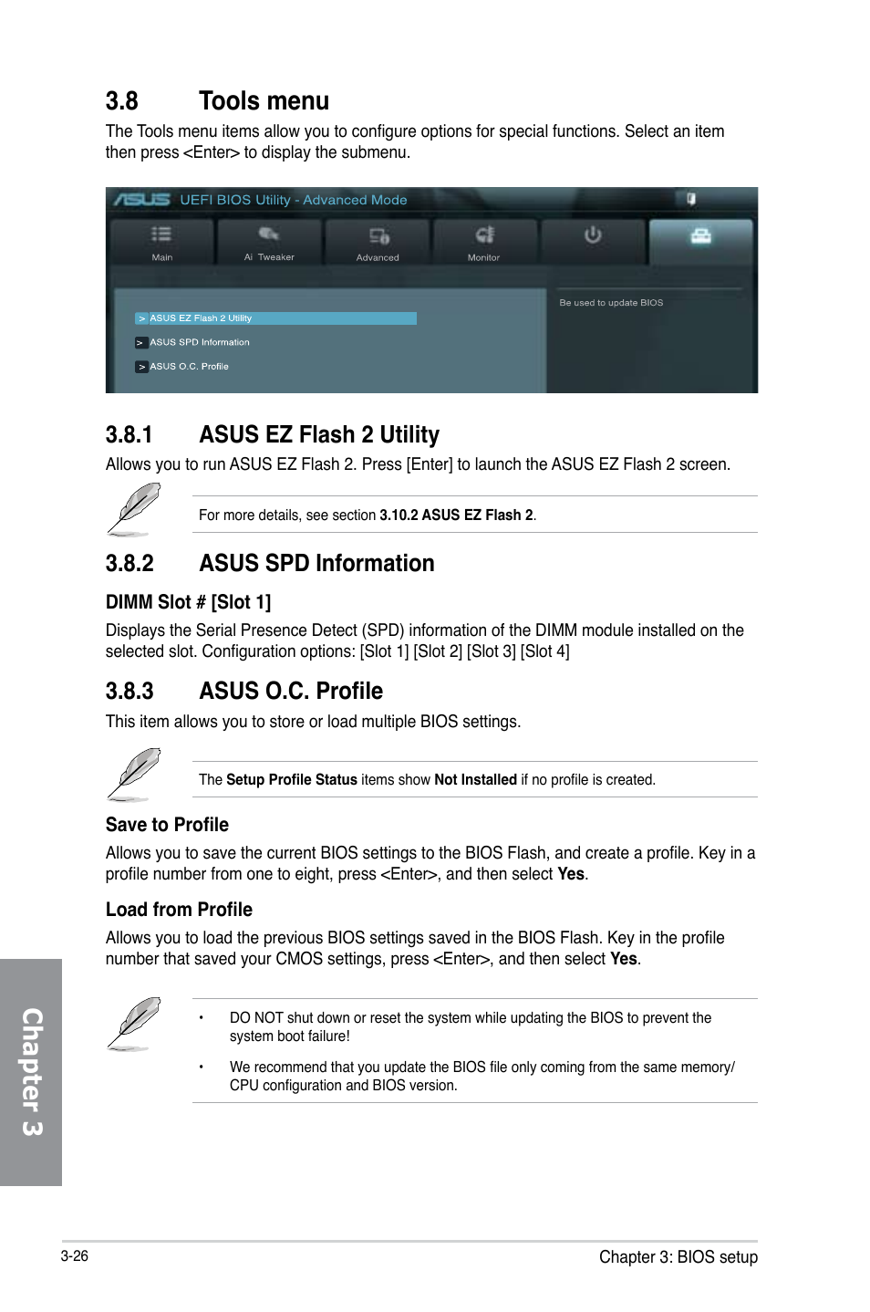 8 tools menu, 1 asus ez flash 2 utility, 2 asus spd information | 3 asus o.c. profile, Tools menu -26 3.8.1, Asus ez flash 2 utility -26, Asus spd information -26, Asus o.c. profile -26, Chapter 3 | Asus M5A97 R2.0 User Manual | Page 86 / 152
