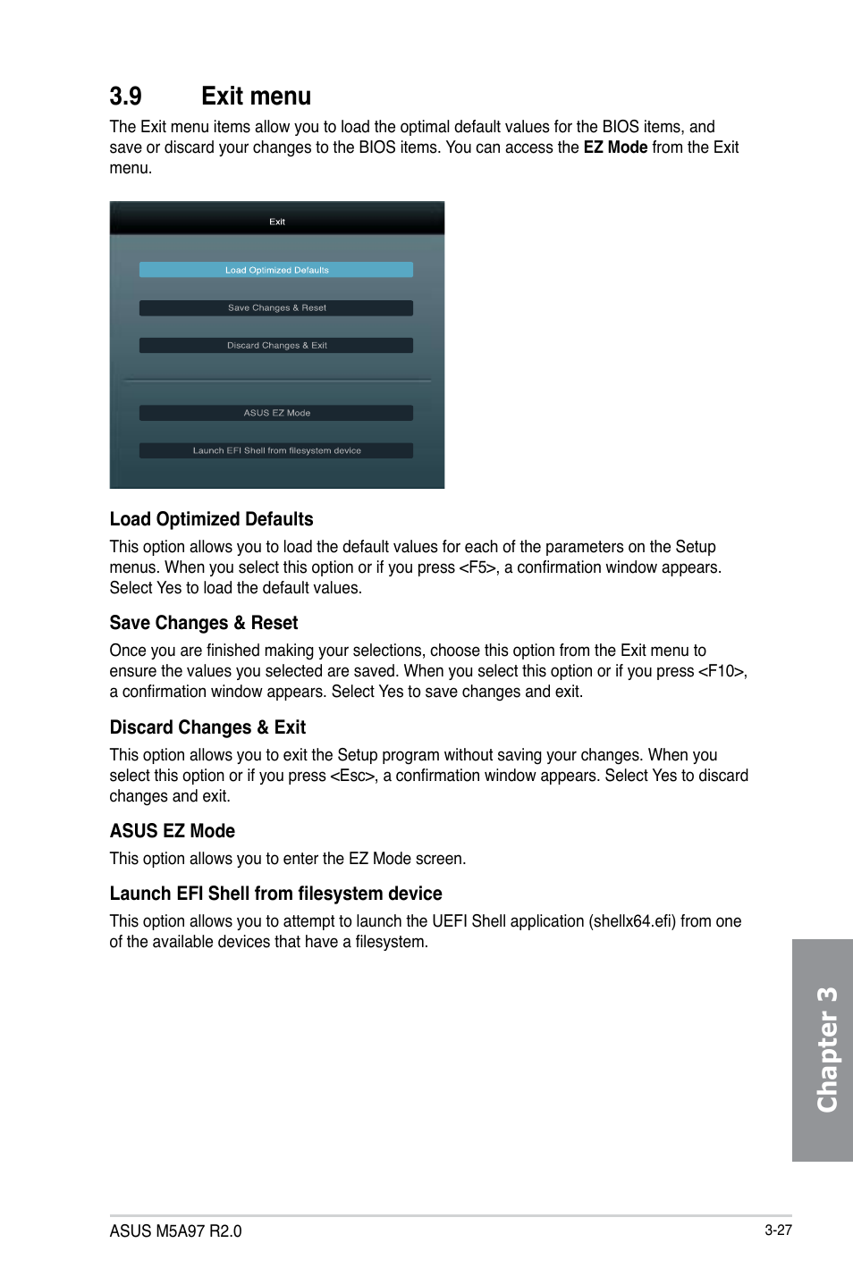 9 exit menu, Exit menu -27, Chapter 3 3.9 exit menu | Asus M5A97 R2.0 User Manual | Page 87 / 152