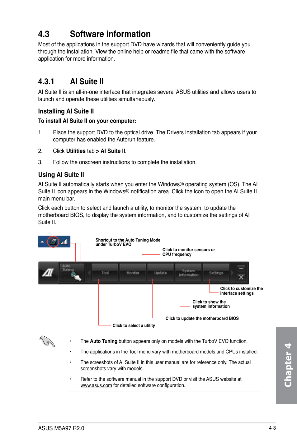3 software information, 1 ai suite ii, Software information -3 4.3.1 | Ai suite ii -3, Chapter 4 4.3 software information | Asus M5A97 R2.0 User Manual | Page 99 / 152
