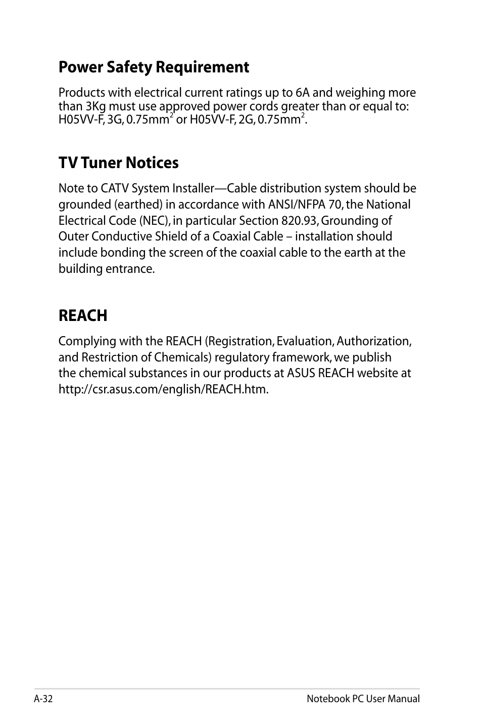 Power safety requirement, Reach, Tv tuner notices | Asus R501DP User Manual | Page 108 / 118