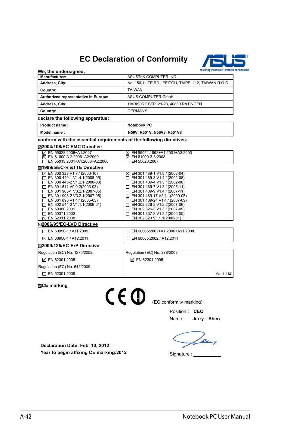 Ec declaration of conformity | Asus R501DP User Manual | Page 118 / 118