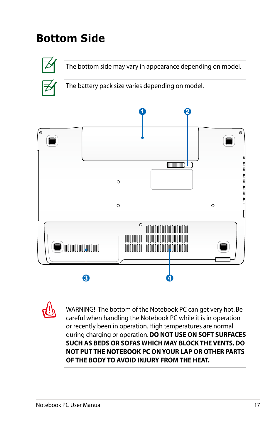 Bottom side | Asus R501DP User Manual | Page 17 / 118