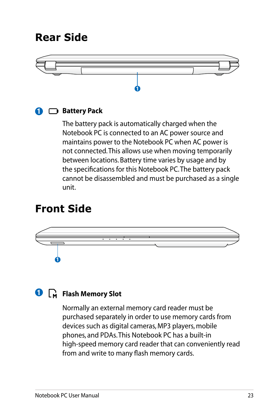 Rear side, Front side | Asus R501DP User Manual | Page 23 / 118
