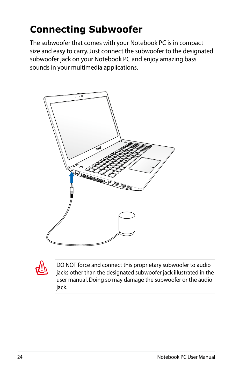 Connecting subwoofer | Asus R501DP User Manual | Page 24 / 118