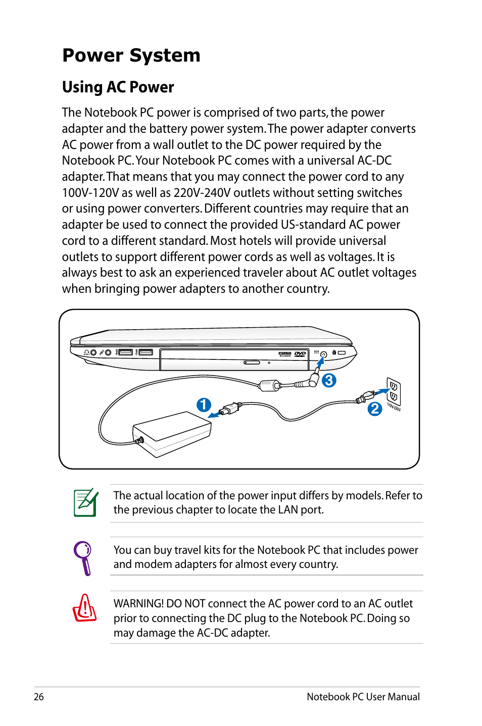 Power system, Using ac power | Asus R501DP User Manual | Page 26 / 118