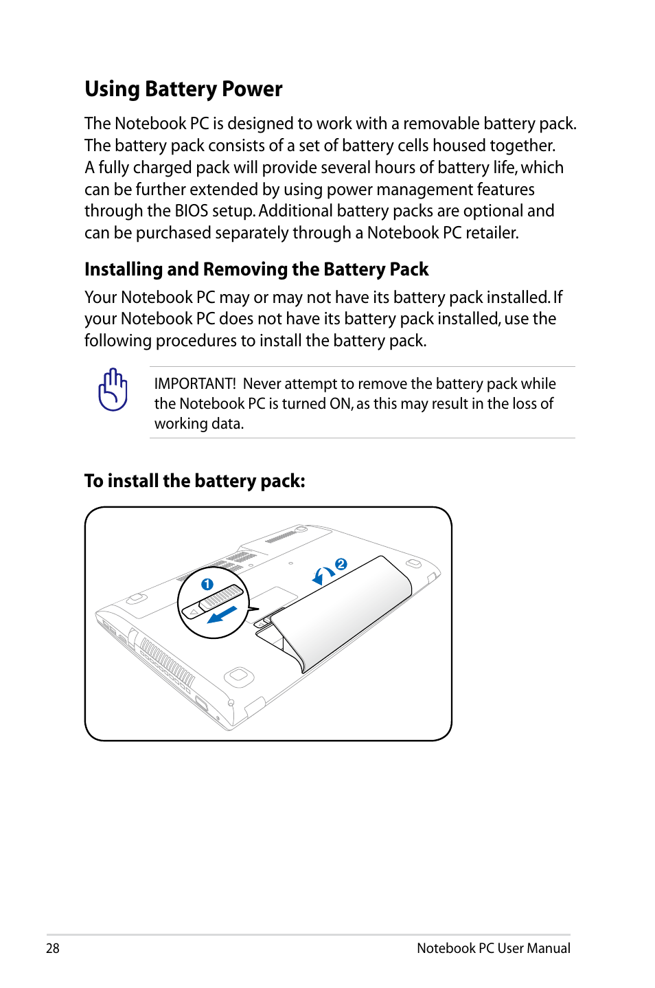 Using battery power, Installing and removing the battery pack | Asus R501DP User Manual | Page 28 / 118