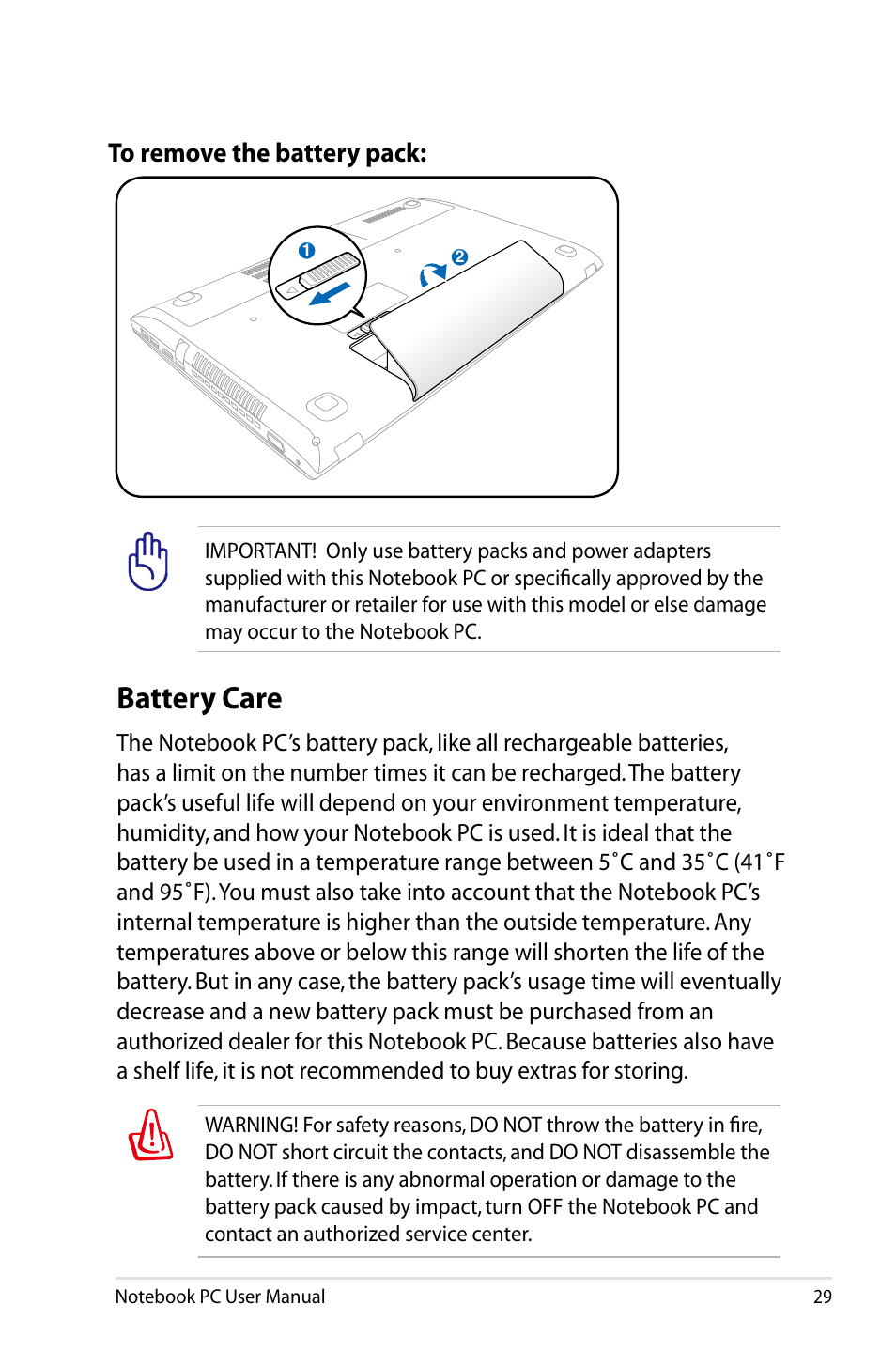 Battery care | Asus R501DP User Manual | Page 29 / 118