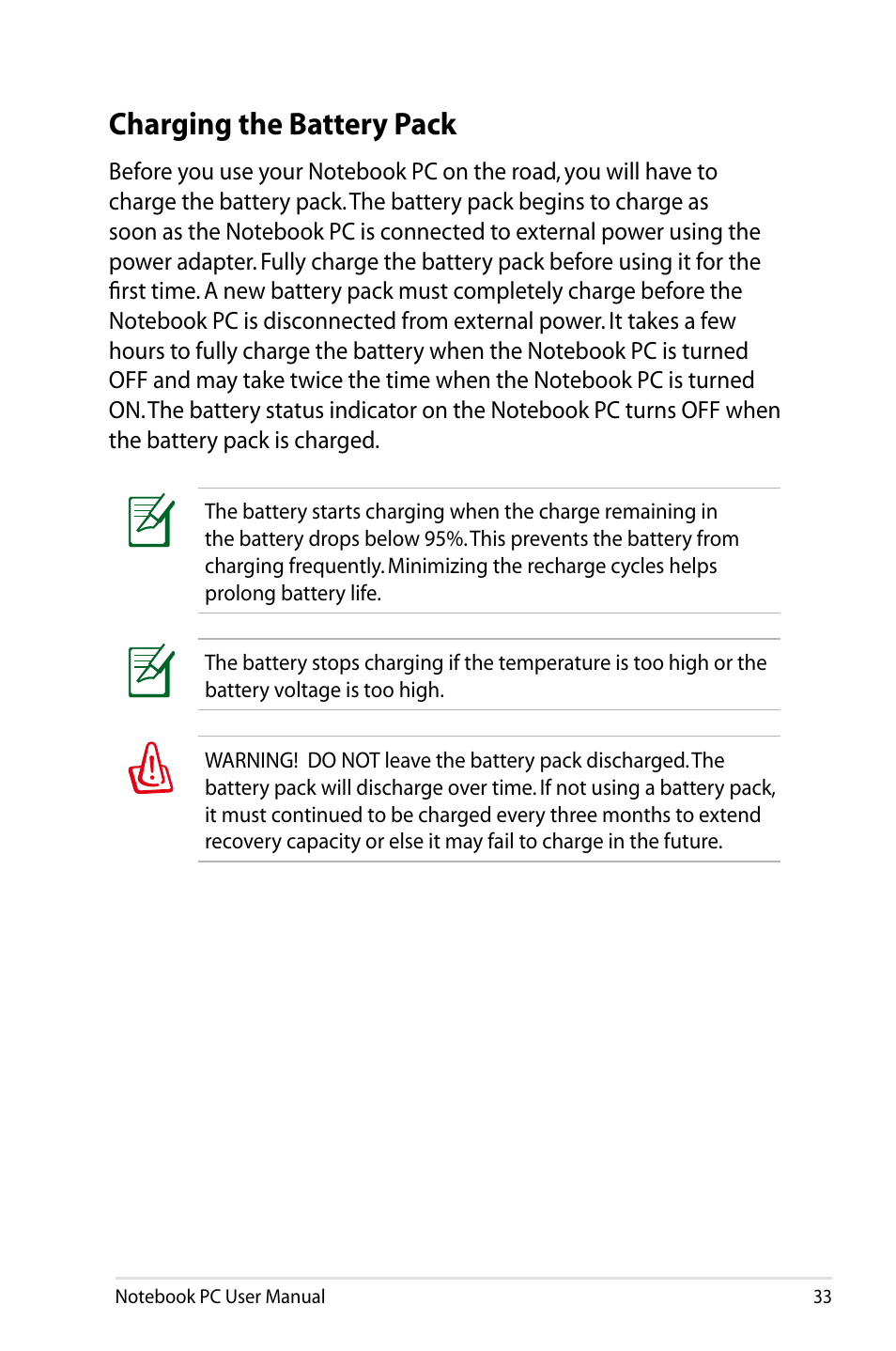 Charging the battery pack | Asus R501DP User Manual | Page 33 / 118