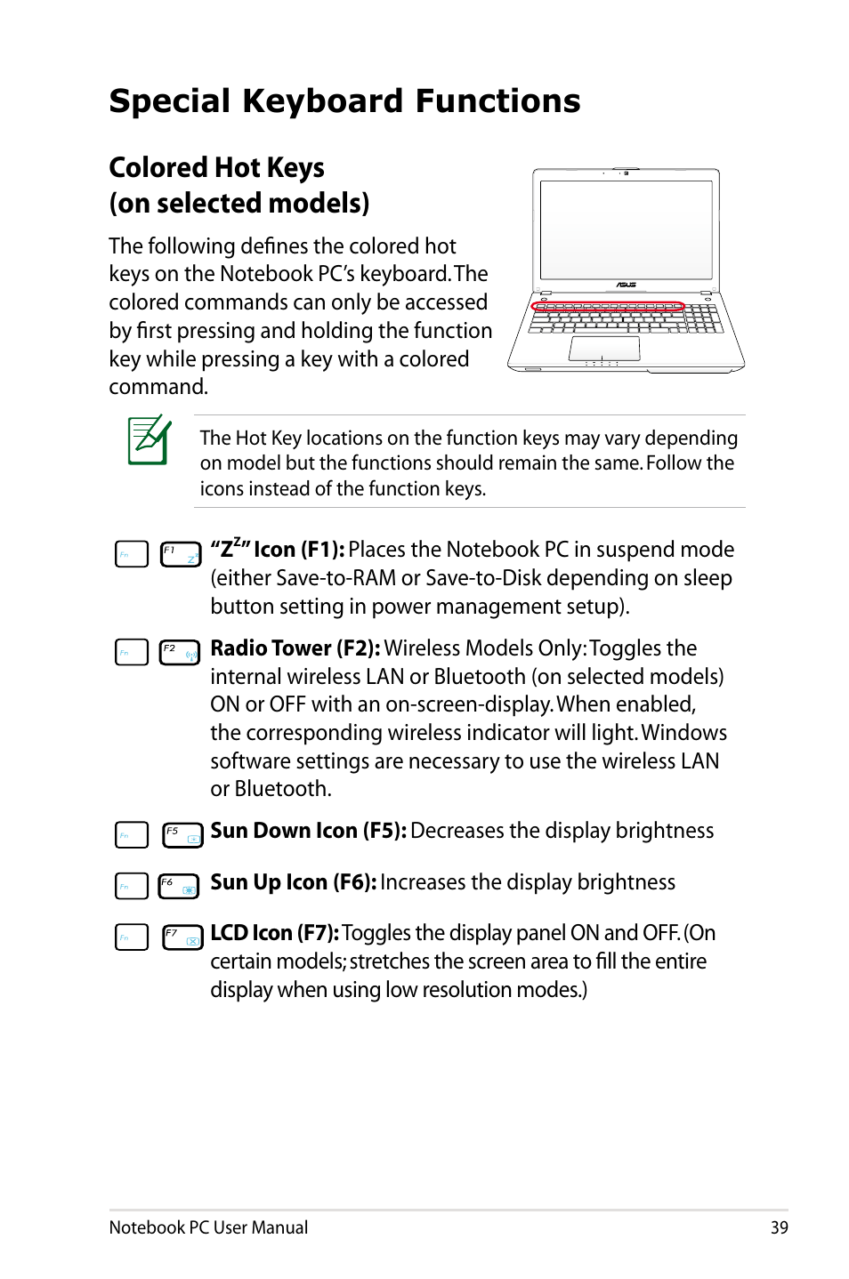 Special keyboard functions, Colored hot keys (on selected models) | Asus R501DP User Manual | Page 39 / 118