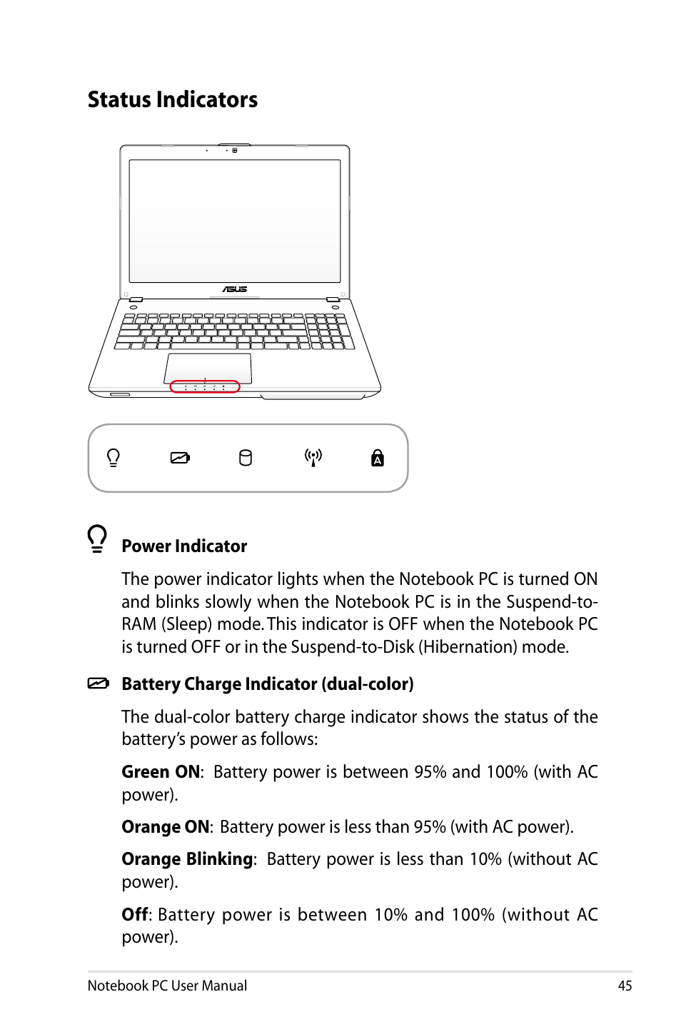 Status indicators | Asus R501DP User Manual | Page 45 / 118