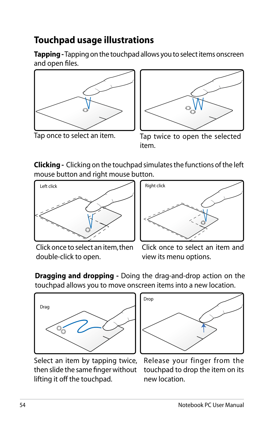 Touchpad usage illustrations | Asus R501DP User Manual | Page 54 / 118