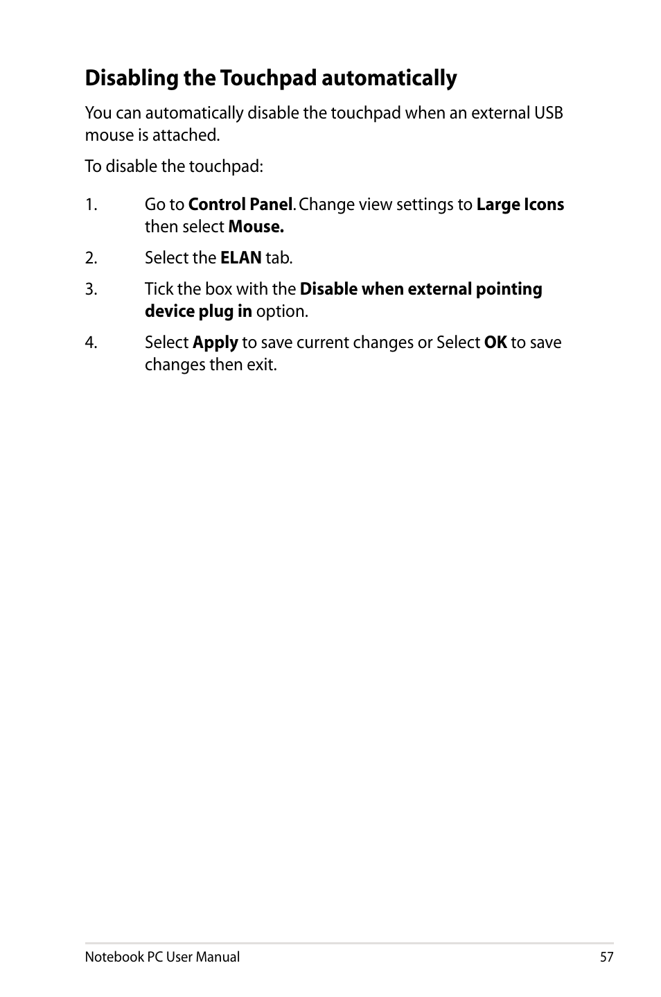 Disabling the touchpad automatically | Asus R501DP User Manual | Page 57 / 118