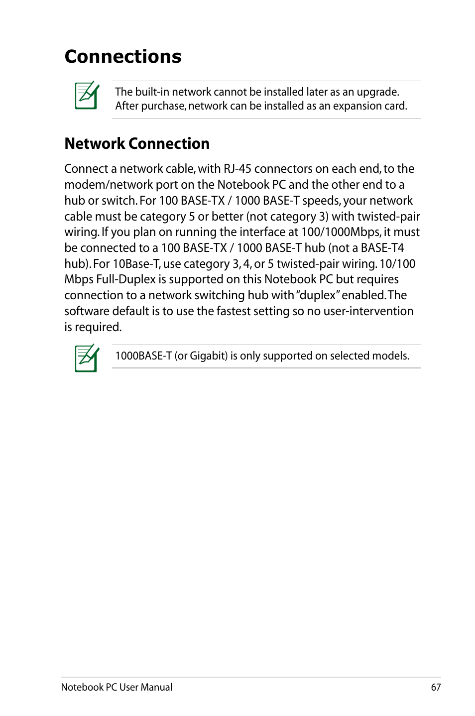 Connections, Network connection | Asus R501DP User Manual | Page 67 / 118