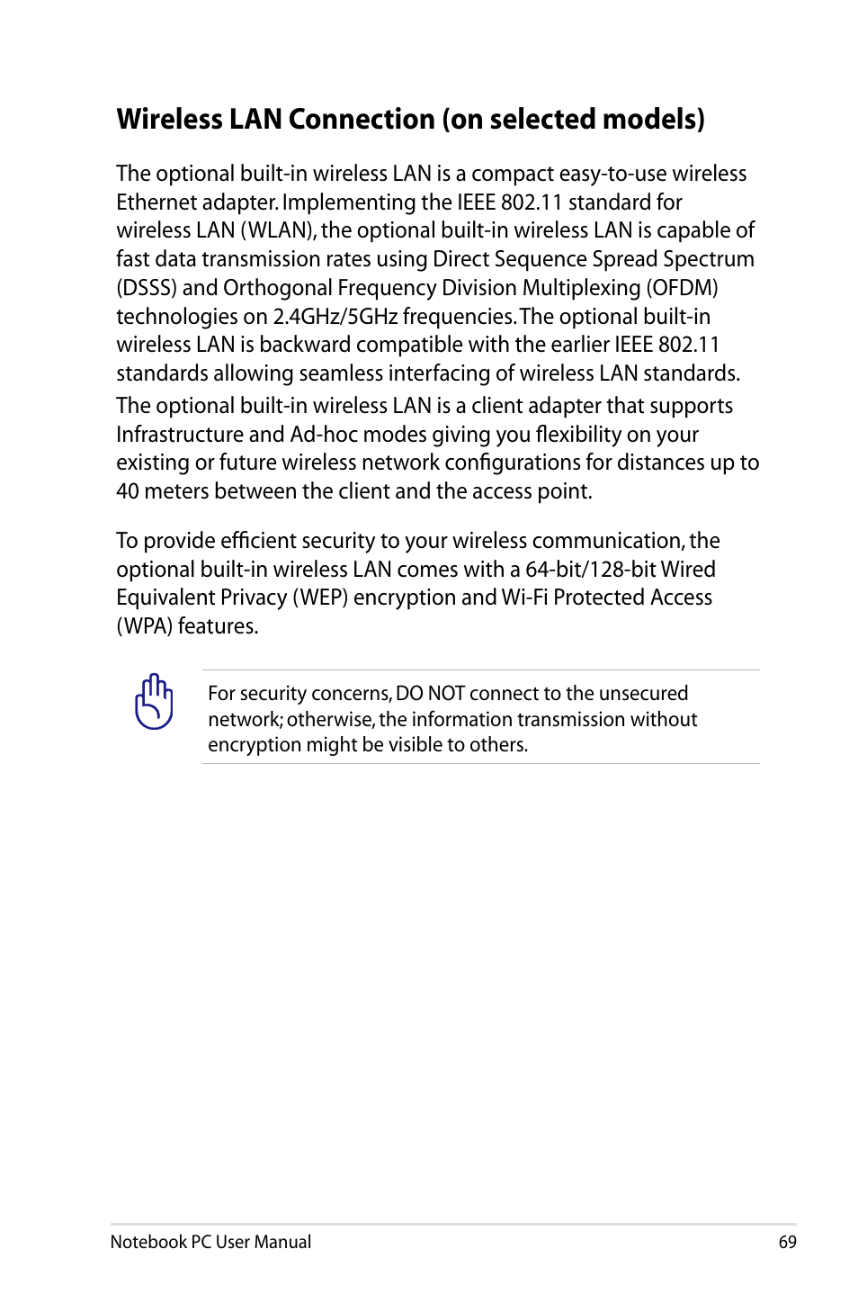 Wireless lan connection (on selected models) | Asus R501DP User Manual | Page 69 / 118