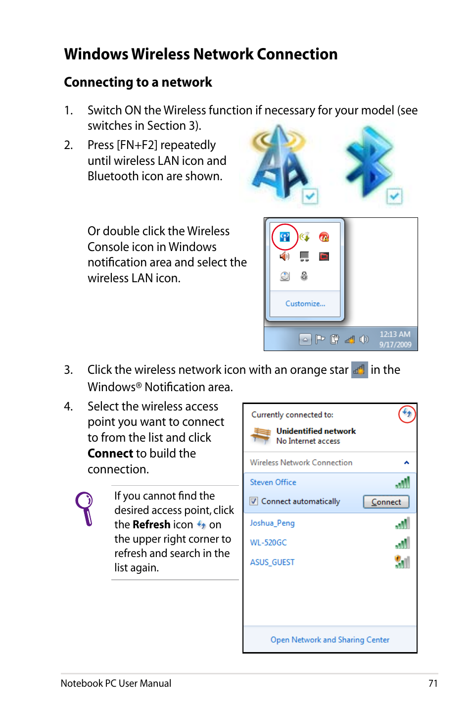 Windows wireless network connection | Asus R501DP User Manual | Page 71 / 118