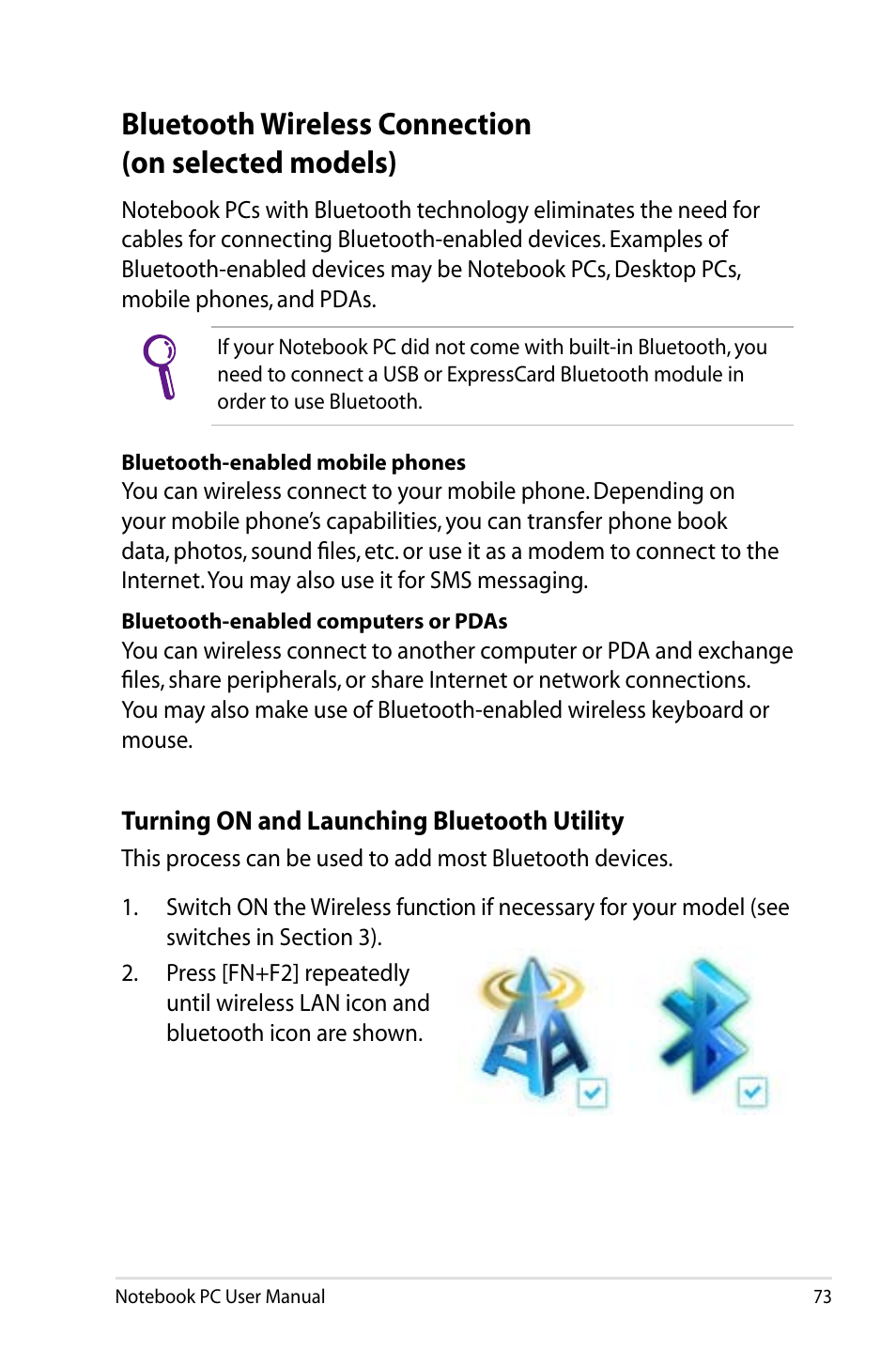 Bluetooth wireless connection (on selected models) | Asus R501DP User Manual | Page 73 / 118
