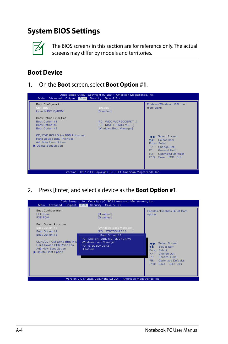 System bios settings, Boot device, On the boot screen, select boot option #1 | Asus R501DP User Manual | Page 80 / 118