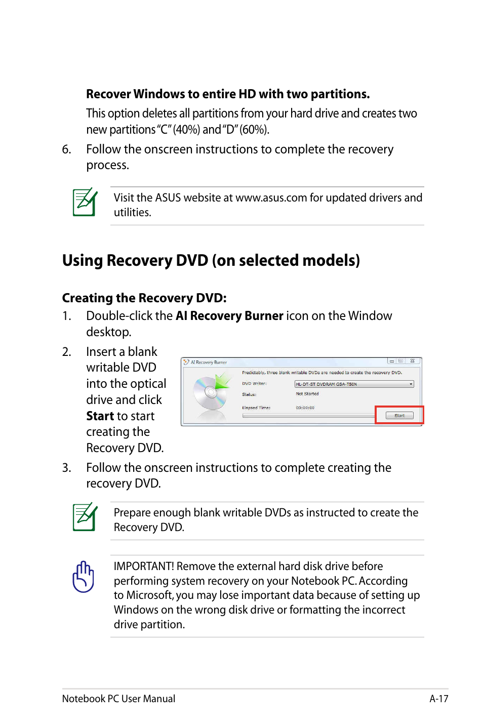 Using recovery dvd (on selected models) | Asus R501DP User Manual | Page 93 / 118