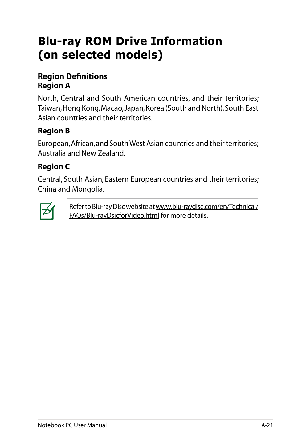 Blu-ray rom drive information (on selected models) | Asus R501DP User Manual | Page 97 / 118