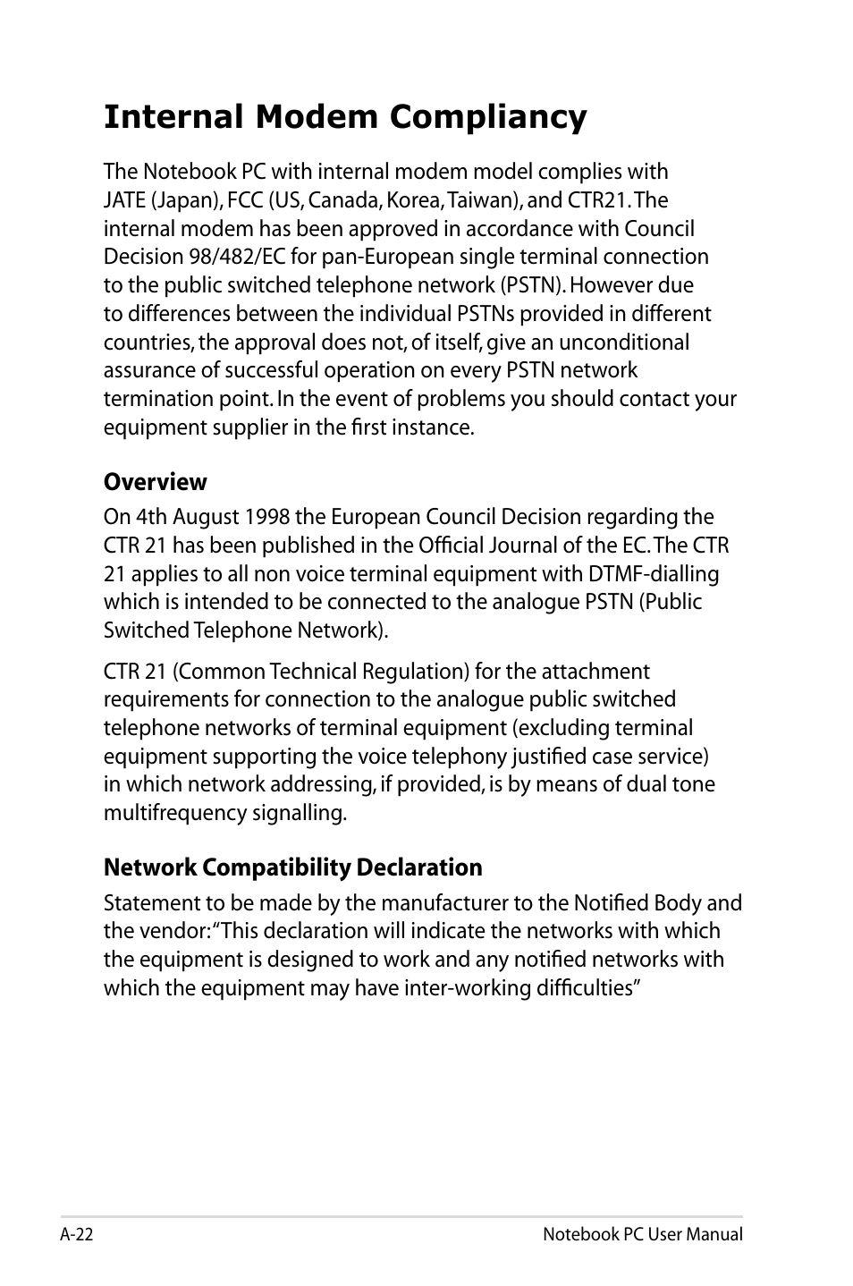 Internal modem compliancy | Asus R501DP User Manual | Page 98 / 118