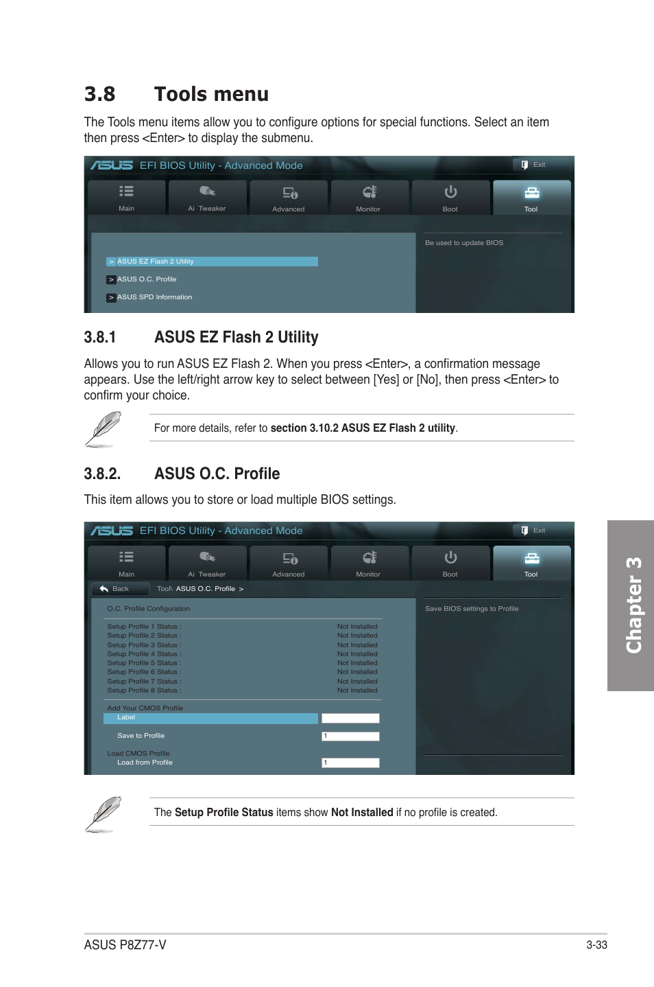 8 tools menu, 1 asus ez flash 2 utility, Asus o.c. profile | Tools menu -33 3.8.1, Asus ez flash 2 utility -33, Asus o.c. profile -33, Chapter 3 3.8 tools menu, Asus p8z77-v | Asus P8Z77-V User Manual | Page 105 / 174