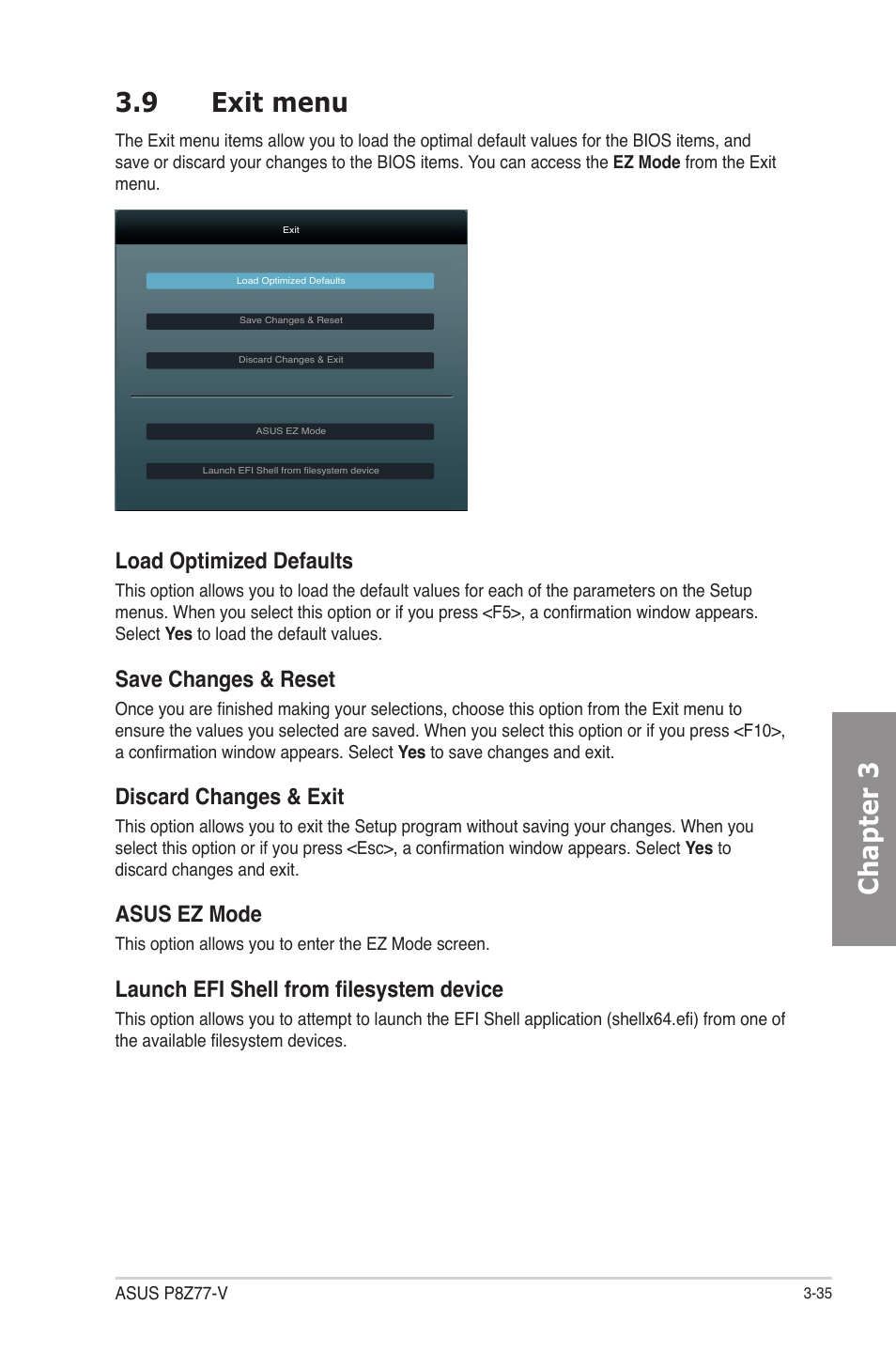 9 exit menu, Exit menu -35, Chapter 3 3.9 exit menu | Load optimized defaults, Save changes & reset, Discard changes & exit, Asus ez mode, Launch efi shell from filesystem device | Asus P8Z77-V User Manual | Page 107 / 174