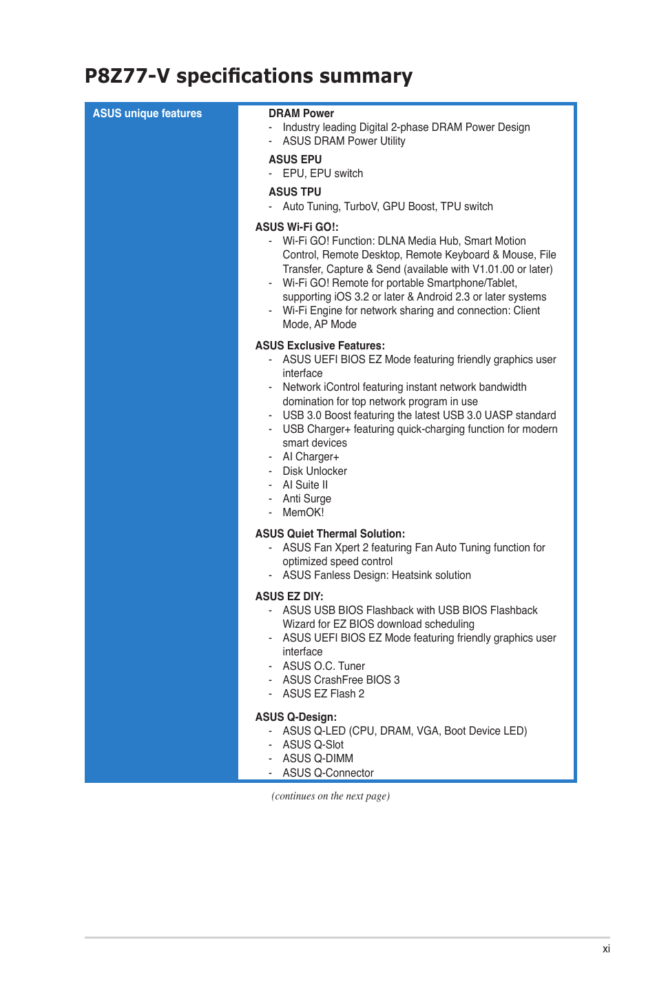 P8z77-v specifications summary | Asus P8Z77-V User Manual | Page 11 / 174