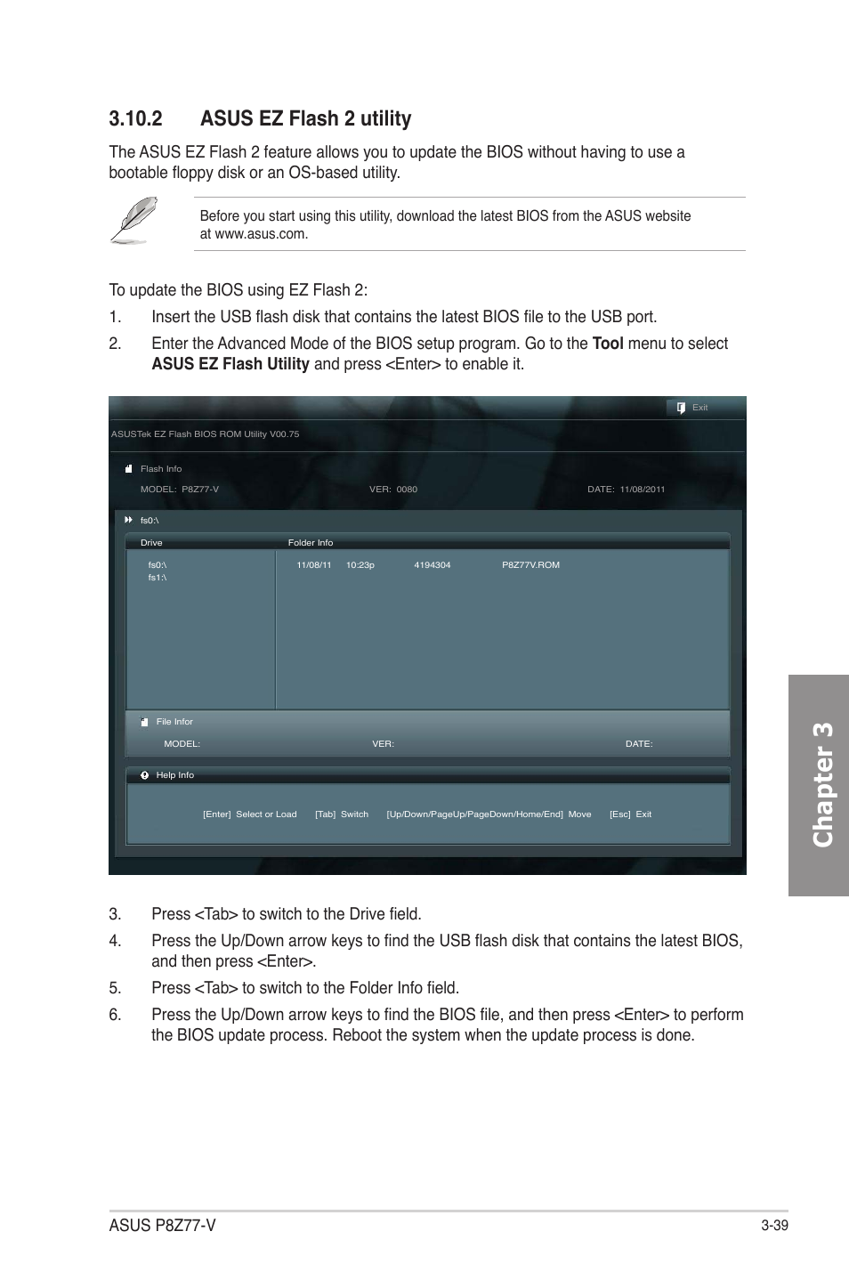 2 asus ez flash 2 utility, Asus ez flash 2 utility -39, Chapter 3 | Asus p8z77-v | Asus P8Z77-V User Manual | Page 111 / 174