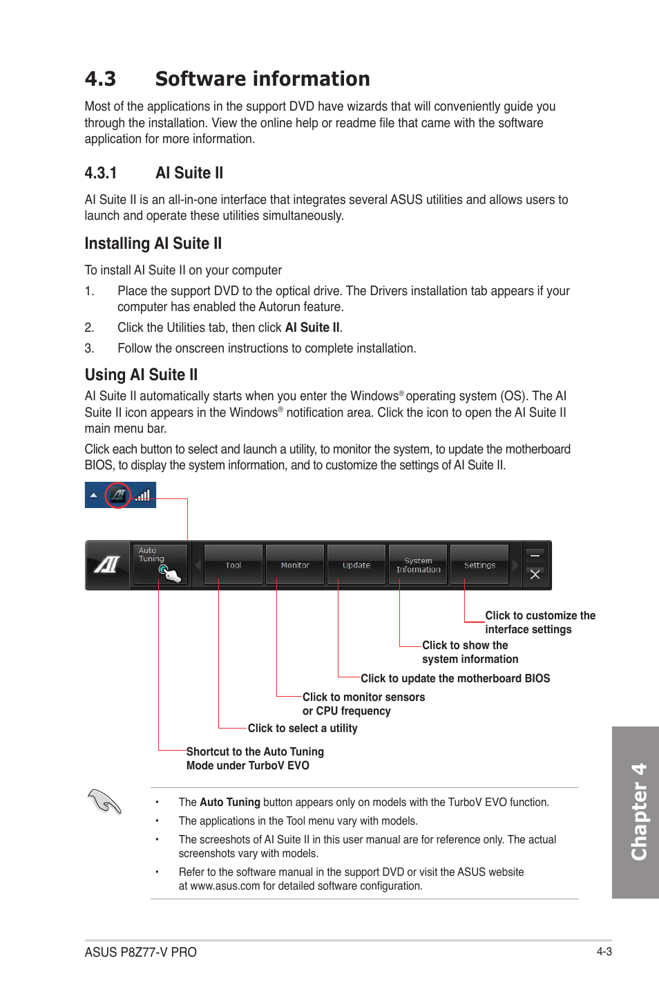 3 software information, 1 ai suite ii, Software information -3 4.3.1 | Ai suite ii -3, Chapter 4 4.3 software information, Installing ai suite ii, Using ai suite ii | Asus P8Z77-V User Manual | Page 117 / 174