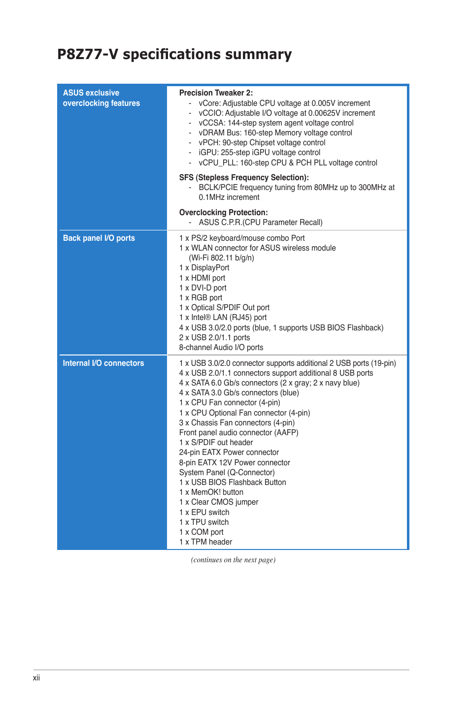 P8z77-v specifications summary | Asus P8Z77-V User Manual | Page 12 / 174