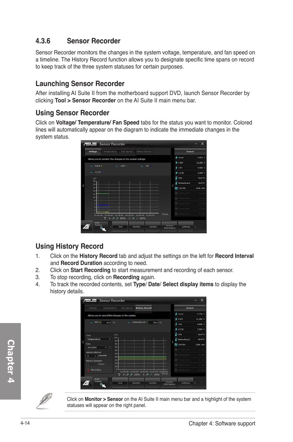 6 sensor recorder, Sensor recorder -14, Chapter 4 | Launching sensor recorder, Using sensor recorder, Using history record | Asus P8Z77-V User Manual | Page 128 / 174