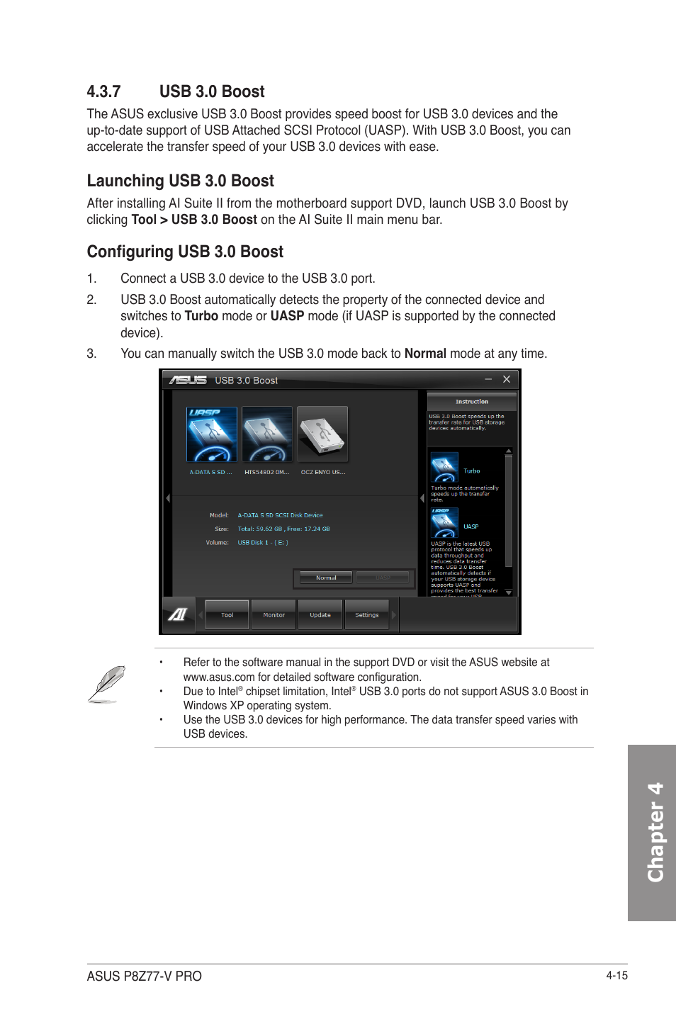 7 usb 3.0 boost, Usb 3.0 boost -15, Chapter 4 | Launching usb 3.0 boost, Configuring usb 3.0 boost | Asus P8Z77-V User Manual | Page 129 / 174