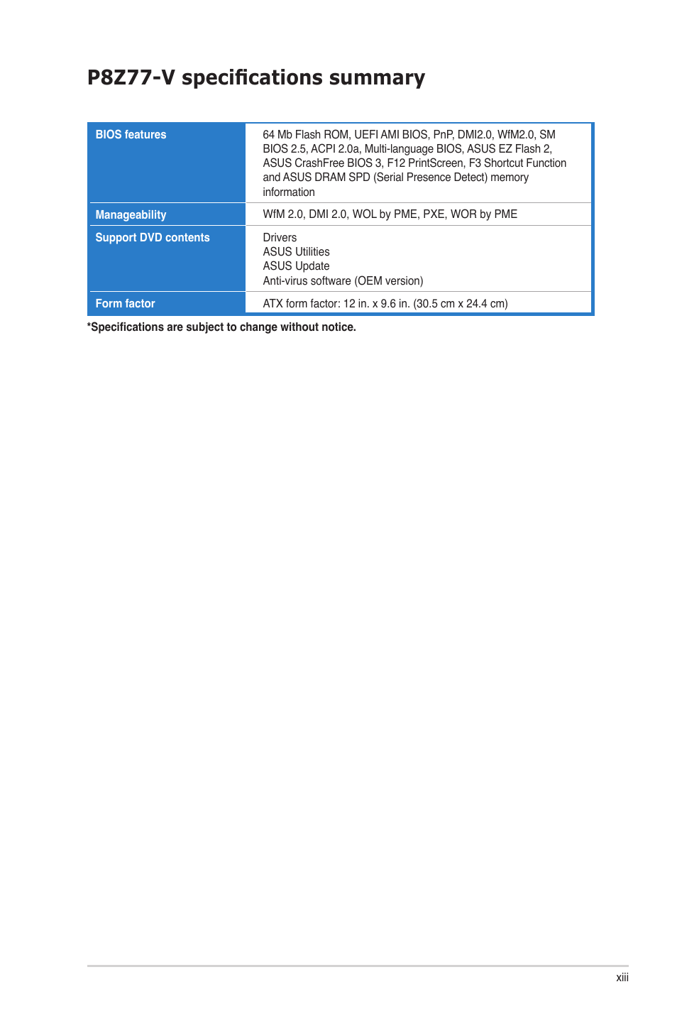 P8z77-v specifications summary | Asus P8Z77-V User Manual | Page 13 / 174