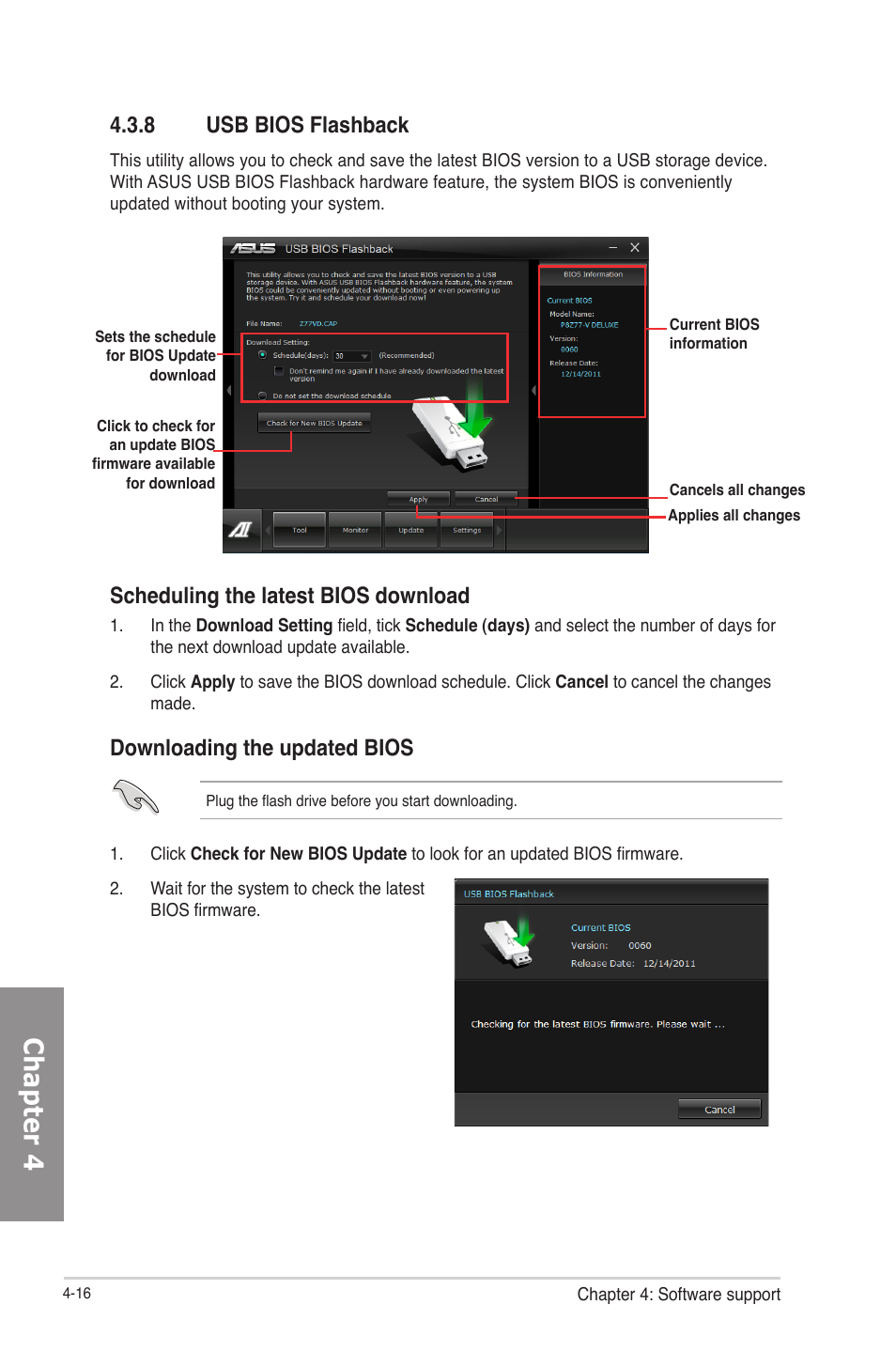 8 usb bios flashback, Usb bios flashback -16, Chapter 4 | Scheduling the latest bios download, Downloading the updated bios | Asus P8Z77-V User Manual | Page 130 / 174