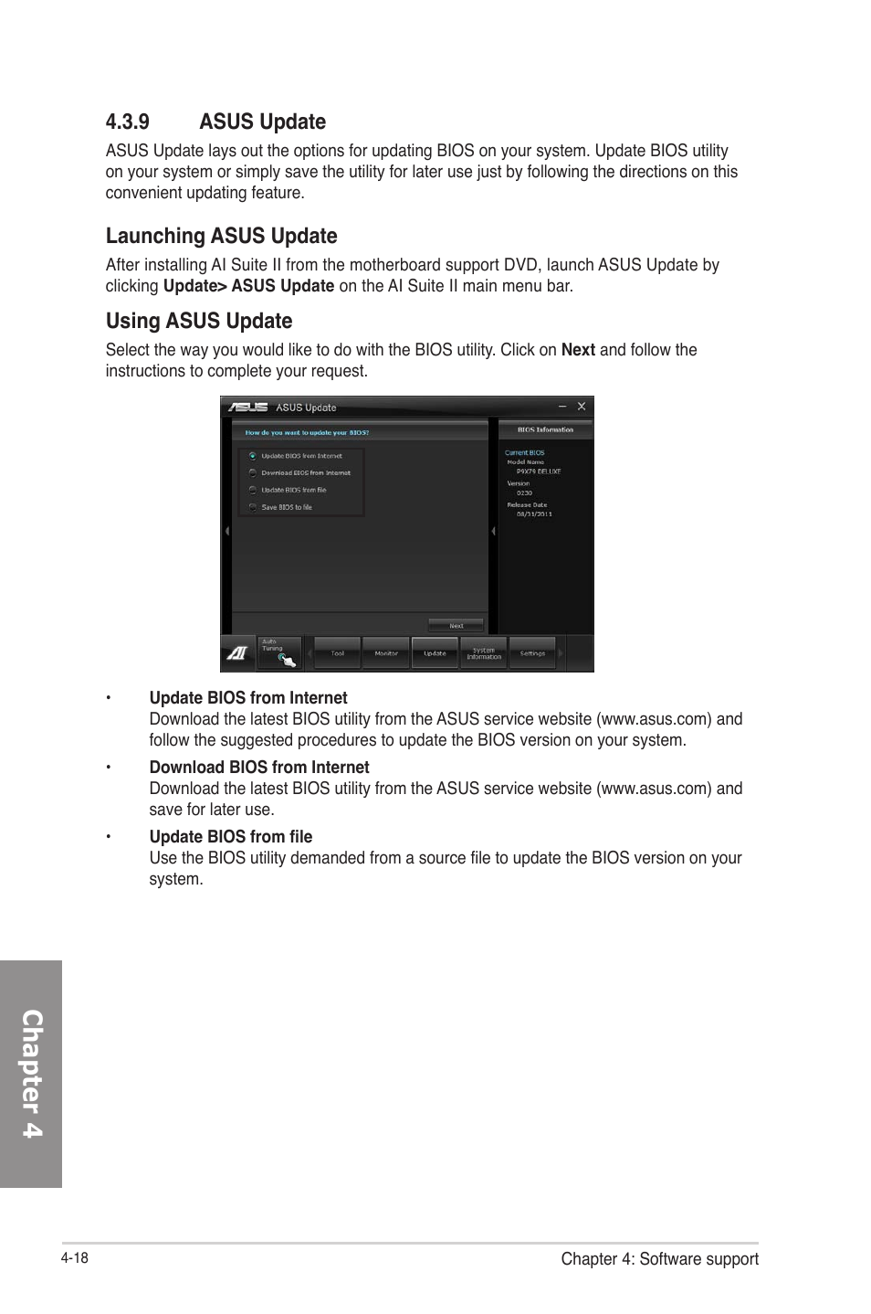 9 asus update, Asus update -18, Chapter 4 | Launching asus update, Using asus update | Asus P8Z77-V User Manual | Page 132 / 174