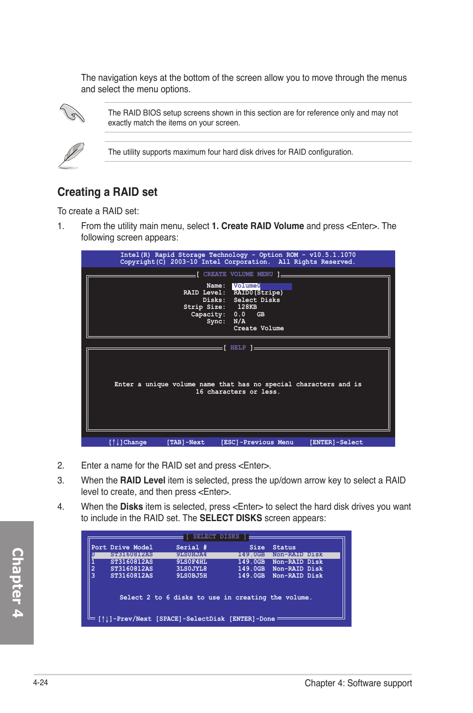 Chapter 4, Creating a raid set | Asus P8Z77-V User Manual | Page 138 / 174