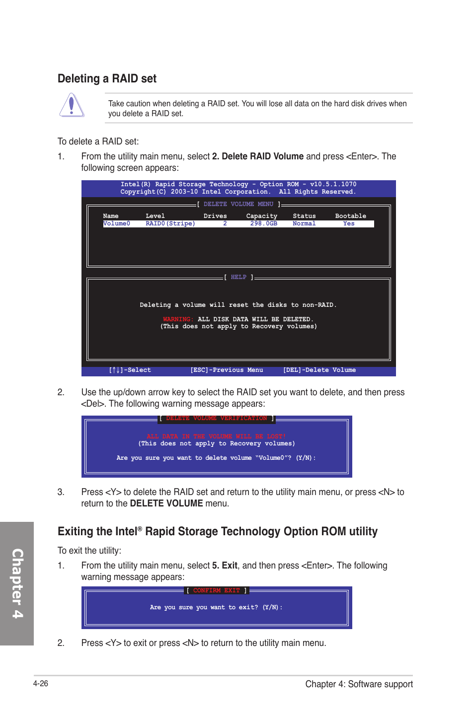 Chapter 4, Deleting a raid set, Exiting the intel | Rapid storage technology option rom utility | Asus P8Z77-V User Manual | Page 140 / 174