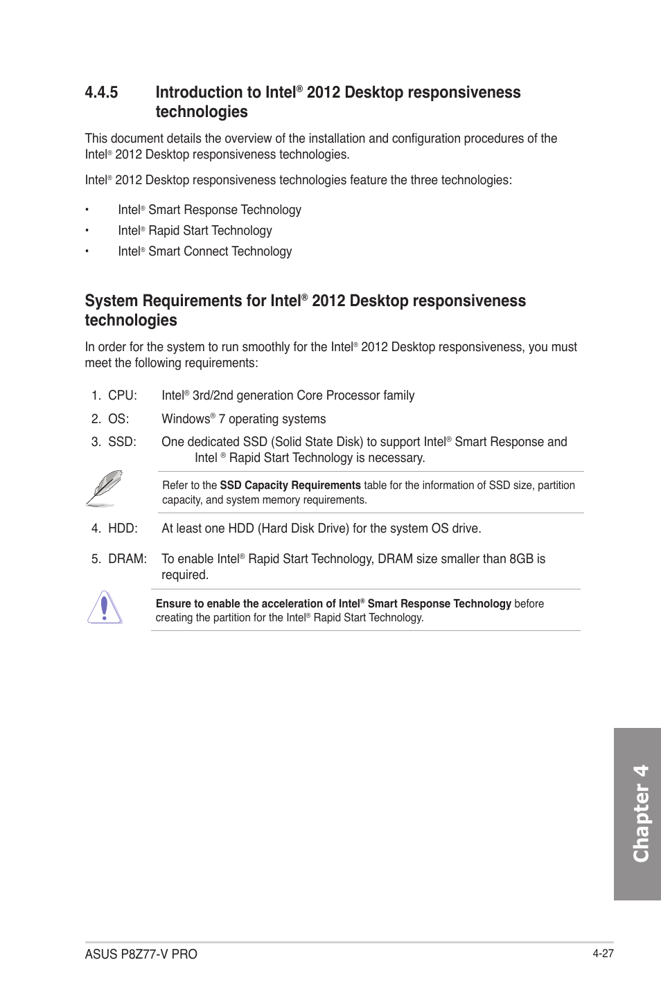 Introduction to intel, 2012 desktop responsiveness, Technologies -27 | Chapter 4, 5 introduction to intel, 2012 desktop responsiveness technologies, System requirements for intel | Asus P8Z77-V User Manual | Page 141 / 174