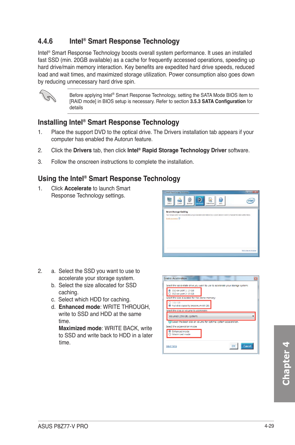 6 intel® smart response technology, Intel, Smart response technology -29 | Chapter 4, 6 intel, Smart response technology, Installing intel, Using the intel | Asus P8Z77-V User Manual | Page 143 / 174