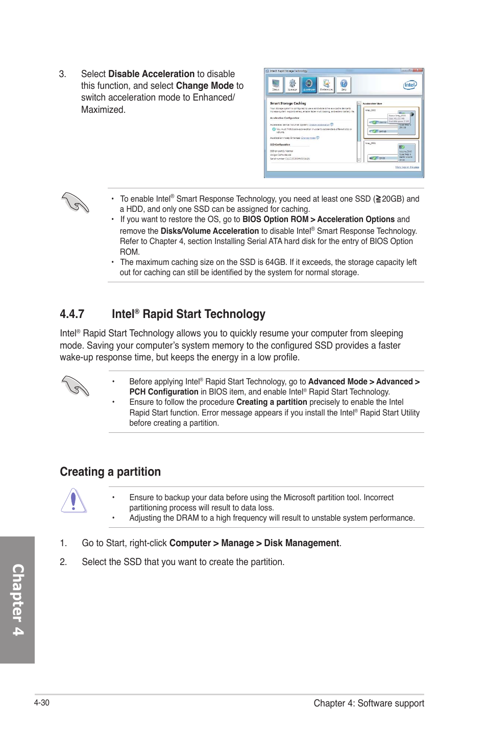 7 intel® rapid start technology, Intel, Rapid start technology -30 | Chapter 4, 7 intel, Rapid start technology, Creating a partition | Asus P8Z77-V User Manual | Page 144 / 174